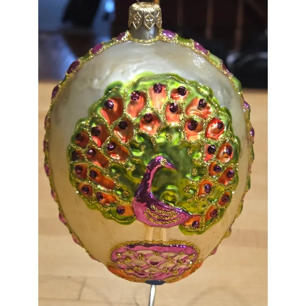 Vintage Mouth Blown Glass Egg Christmas Ornament Peacock Bejeweled Glitter Pearl